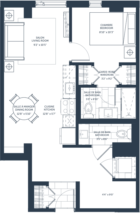 Floor plan for 1 bed, 1.5 baths, 685 sqft